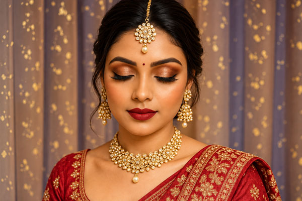 Stunning Indian bride with flawless bridal makeup and jewelry